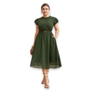 BloomChic Olive Green Midi Dress with Puff Sleeves